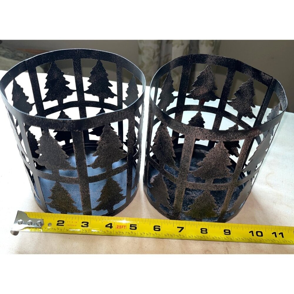 Metal Candle Holders Set 2 Tree Pillar Cabincore Lodge Winter Decor Rustic Home - Picture 1 of 4